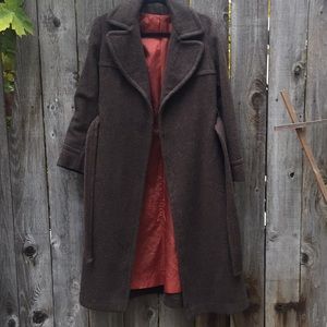 Vintage long wool jacket, red satin lining